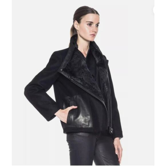 Helmut Lang Lamb Leather, Fur & Wool Moto Jacket Coat Reversible Felt Black P XS - Picture 1 of 9